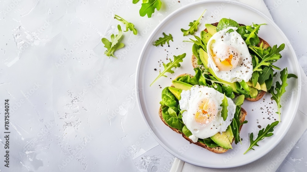 Delicious avocado toast with poached egg and fresh greens on white plate, top view for foodies Delicious avocado toast with poached egg and fresh greens on white plate, top view for foodies