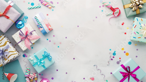 Gifts with colorful ribbons and confetti on a white background. Top view.
