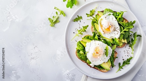 Delicious avocado toast with poached egg and fresh greens on white plate, top view for foodies