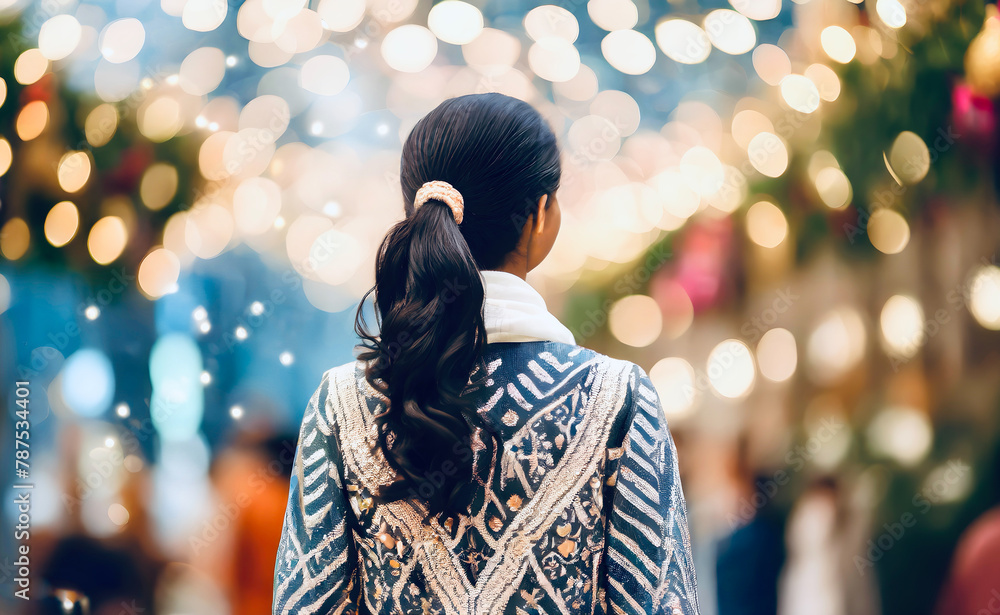 A girl stands with her back to the camera on a festive background A girl stands with her back to the camera on a festive background