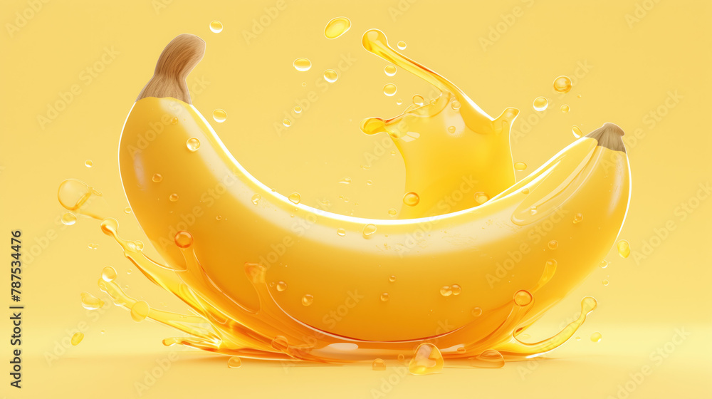 A ripe banana surrounded by splashes of juice on a bright yellow background.