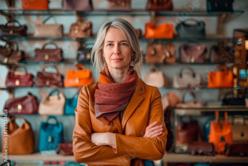 Portrait of a middle-aged Caucasian woman, owner of a small bag and accessories store, stands with her arms crossed, looking at the camera. Small business concept © Ирина Селина