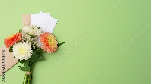 Red, white dahlias and empty greeting cards on green background. Top view, copy space for text. Spring banner with flowers and message envelope. Love, romantic invitation, Mother day, anniversary