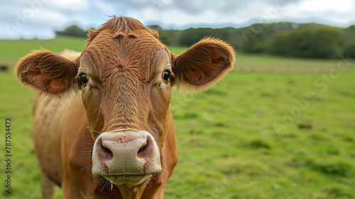 A captivating image featuring a curious cow gazing directly at the camera with gentle brown eyes  framed against the backdrop of a lush green pasture.