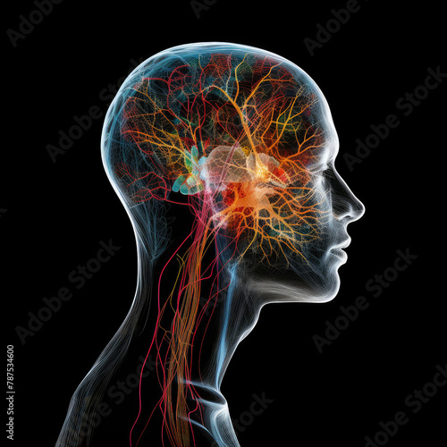 Human head and brain.Deep machine learning, AI Technology, thinking concept. Medical exploration of nerves and synapses