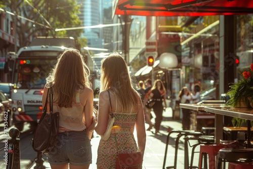 Casual Urban Stroll by Two Women on a Sunny City Street