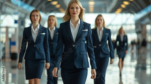 Team of students Women stewardess in aviation air hostess uniform while waiting for plane in airport terminal