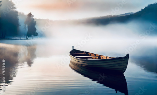 Lonely boat sailing in the lake © AnastasiiaSai