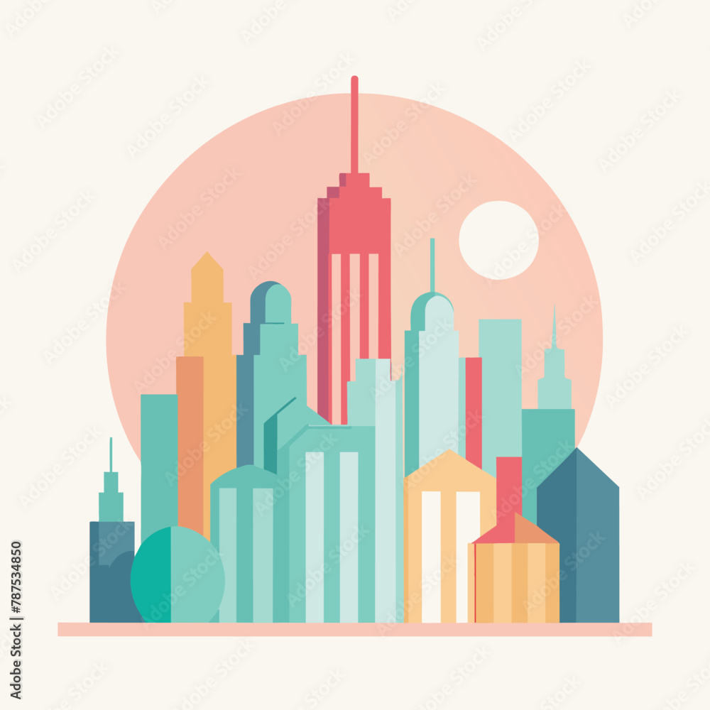 Naklejka premium City skyline featuring multiple buildings with the sun in the background, creating a striking contrast, Abstract city skyline in pastel colors, minimalist simple modern vector logo design