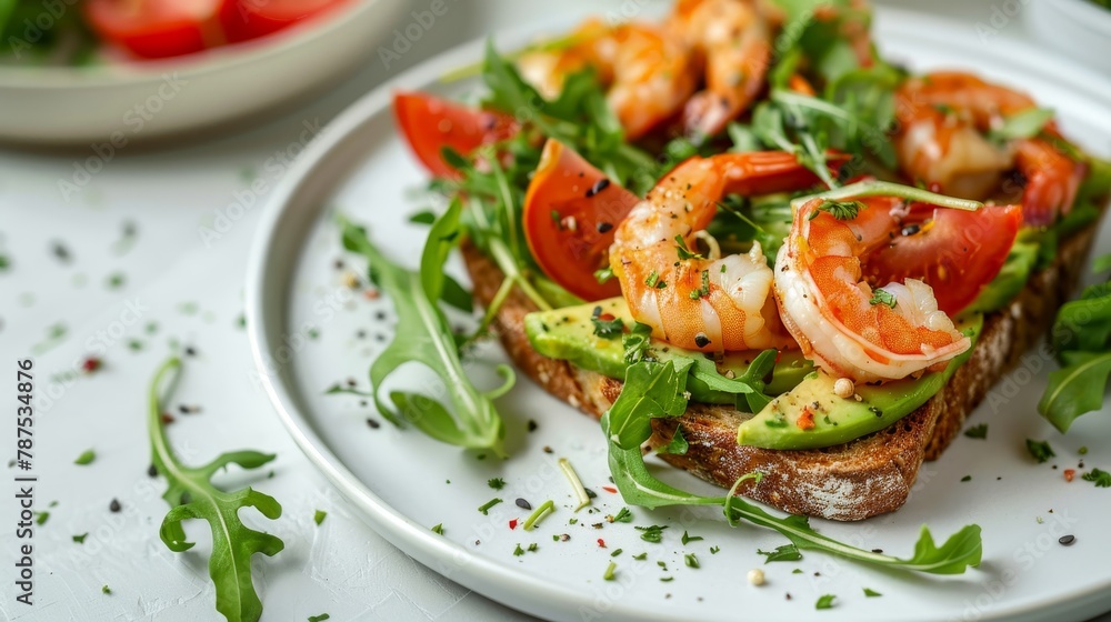 Delicious avocado toast with fresh arugula and shrimps on white plate on white table Delicious avocado toast with fresh arugula and shrimps on white plate on white table