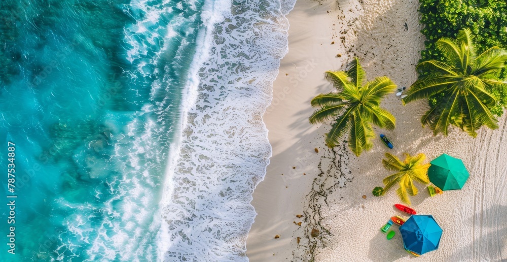 Beautiful beach with palm trees and blue water, aerial view The white sandy shore is seen from above, with waves crashing onto the sand Generative AI