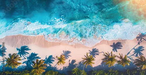 Aerial view of a white sandy beach with palm trees and blue ocean waves in the Caribbean, sunlight reflecting on the water Generative AI