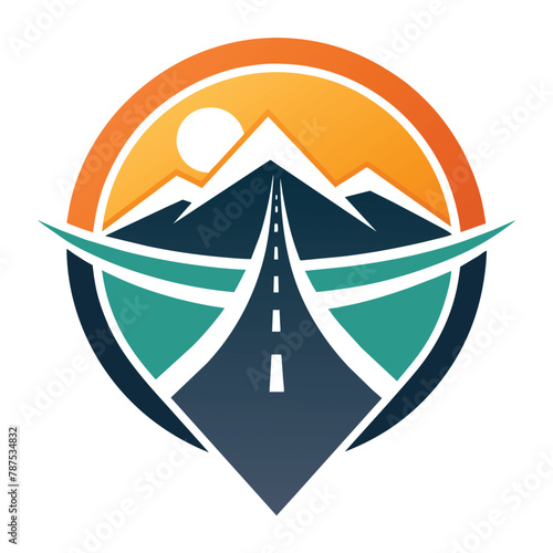A road stretches into the distance with a towering mountain in the background, A bold, minimalist design with a road icon symbolizing travel adventures