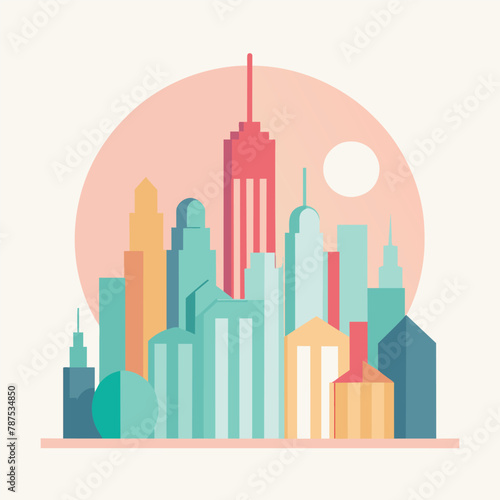 City skyline featuring multiple buildings with the sun in the background, creating a striking contrast, Abstract city skyline in pastel colors, minimalist simple modern vector logo design
