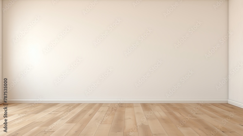 Idea of a white empty scandinavian room interior with wooden floor and large wall and white landscape in window. Home nordic interior. 3D illustration