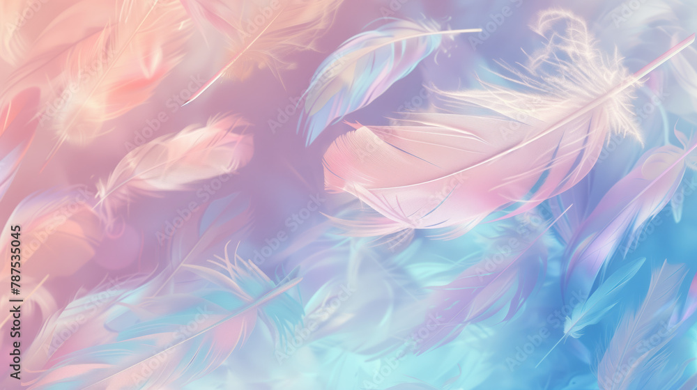 Light and airy feathers on a soft multi-colored background.  Smoothly falling feathers in pastel colors of pink and blue.