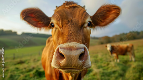 A captivating image featuring a curious cow gazing directly at the camera with gentle brown eyes, framed against the backdrop of a lush green pasture.