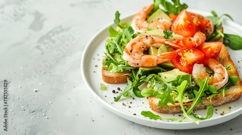 Delicious toast with avocado, fresh greens, cherry tomatoes, and succulent shrimps on a white plate