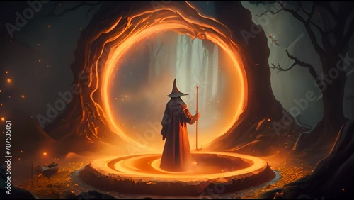 Magic wizard summoning a portal in forest at night. The greater Portal showing a new world. Mystical witch concept.  photo