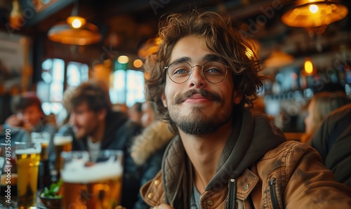 Young happy man having fun with is friends while eating hamburgers and drinking beer in a pub
