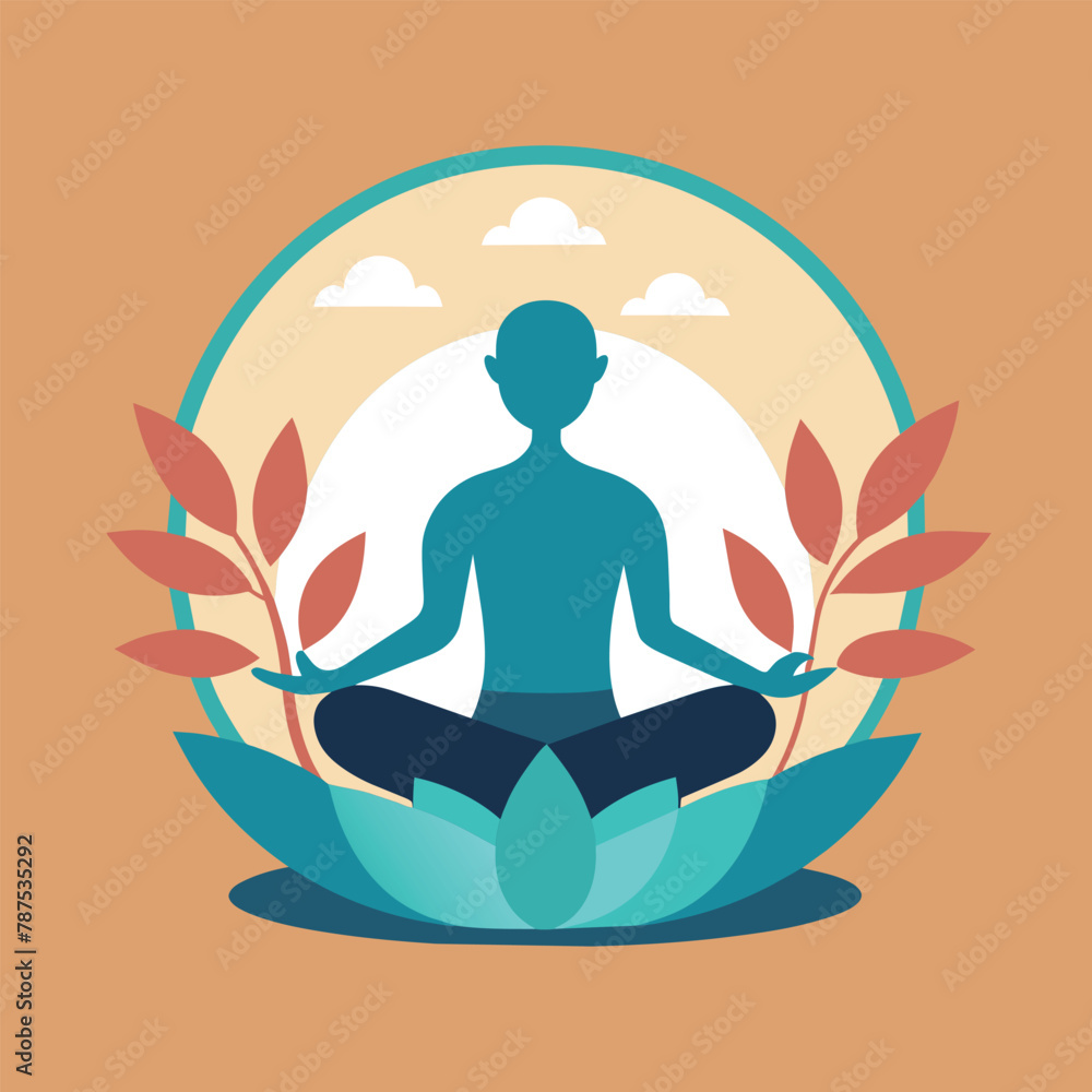 A man sits in a lotus position during a yoga class, A calming image of a peaceful yoga class in session, minimalist simple modern vector logo design