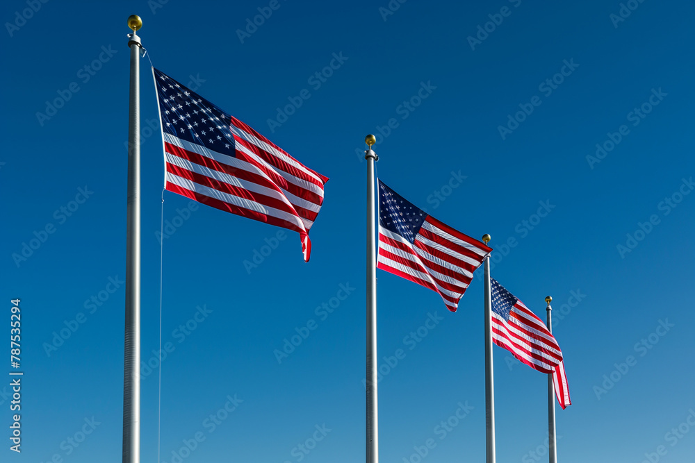inspiring composition featuring a line of American flags against a deep blue sky, honoring the contributions of veterans and celebrating the spirit of freedom on Veterans Day, Labo