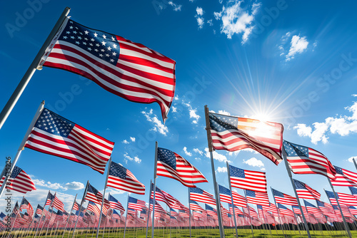field of American flags against a deep blue sky  symbolizing the unity and resilience of the nation on Veterans Day  Labor Day  and Independence Day.