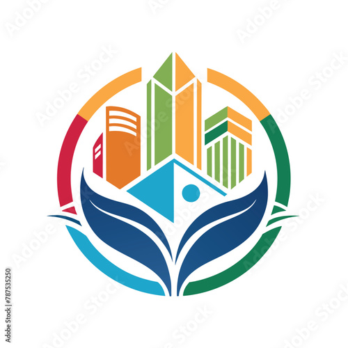 City logo featuring buildings in the background, Abstract representation of educational resources, minimalist simple modern vector logo design