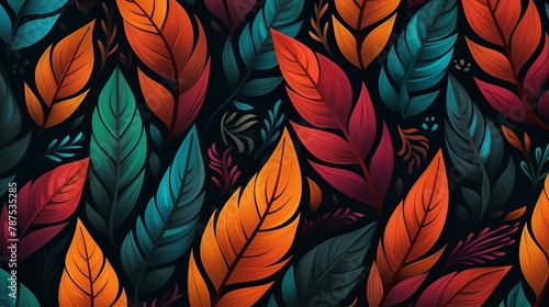 Vibrant and Colorful Leaf Pattern Illustration with a Dark Background.