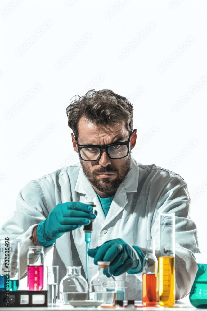 Bearded mature man in a lab coat holding a pipe in a laboratory setting Bearded mature man in a lab coat holding a pipe in a laboratory setting