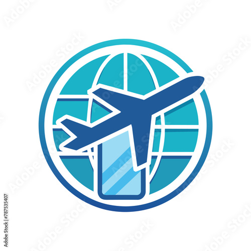 A blue and white airplane soaring above a globe on a clean and minimalist design, A clean and minimalist design with a passport and airplane icon