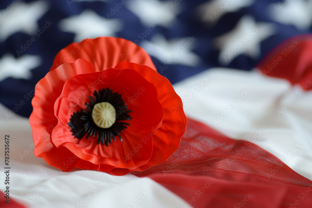 single red poppy placed on a USA flag against a white background ...