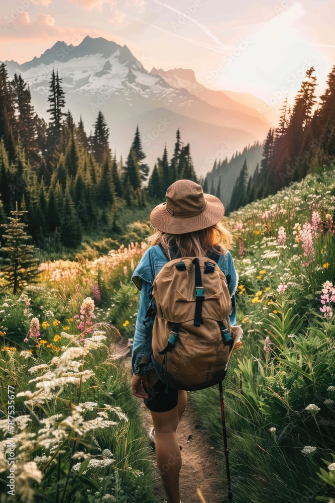 A woman is hiking up a trail surrounded by mountains, showcasing determination and adventure in the vast outdoors