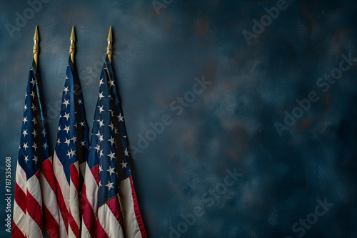 solemn beauty of American flags against a deep blue background, paying tribute to the bravery and resilience of veterans on Veterans Day, Labor Day, and Independence Day.