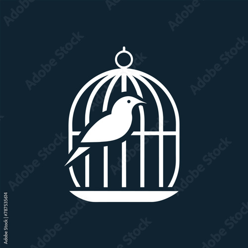 A bird confined in a cage against a dark backdrop, A clean and simple design featuring a bird cage, minimalist simple modern vector logo design