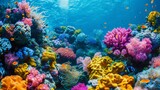 A closeup image of a coral reef showcasing its vibrant colors and diverse marine life. The caption explains that the reef is part of a protected area where biofuelpowered boats are .