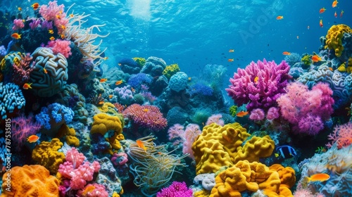 A closeup image of a coral reef showcasing its vibrant colors and diverse marine life. The caption explains that the reef is part of a protected area where biofuelpowered boats are .