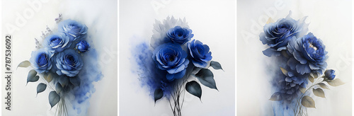 Tryptyk kwiaty róże, niebieski kolor. Dekoracja na ściane. Tapeta kwiatowa photo