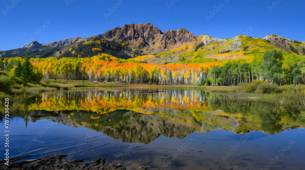 A crystal-clear mountain lake reflecting the surrounding autumn-colored forest, captured with a polarizing filter to enhance reflections and color saturation A crystal-clear mountain lake reflecting the surrounding autumn-colored forest, captured with a polarizing filter to enhance reflections and color saturation