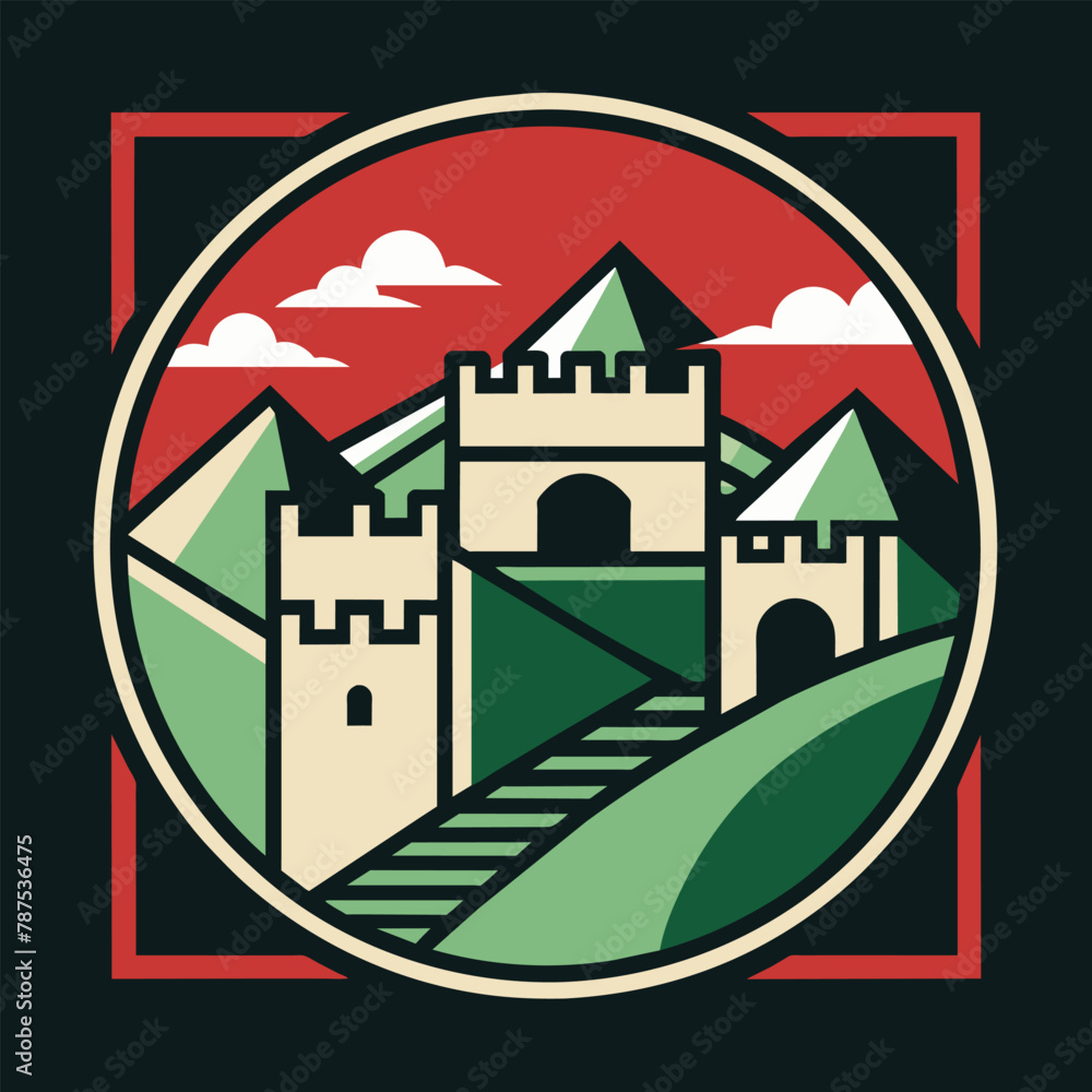 A castle standing tall on a hill, overlooking the surrounding landscape, A geometric interpretation of the Great Wall of China, minimalist simple modern vector logo design