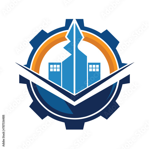 A geometric logo representing a company with a factory in the background, showcasing efficiency and precision, A geometric logo reflecting precision and efficiency in manufacturing