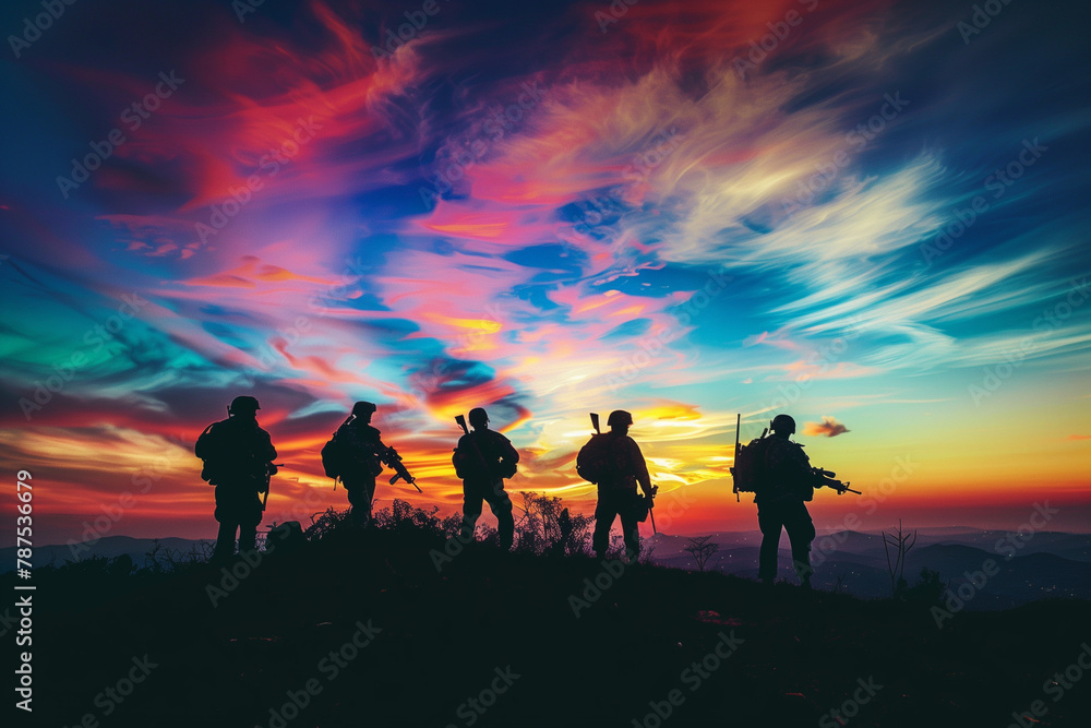 inspiring photograph of the silhouettes of soldiers against the backdrop of a colorful sunset sky, symbolizing hope and resilience for a greeting card commemorating Veterans Day, M