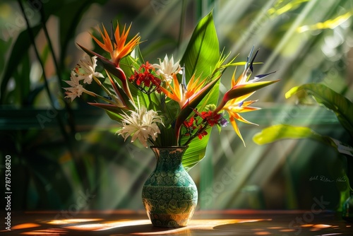 Sunlit Exotic Blooms in Decorative Vase on Table photo