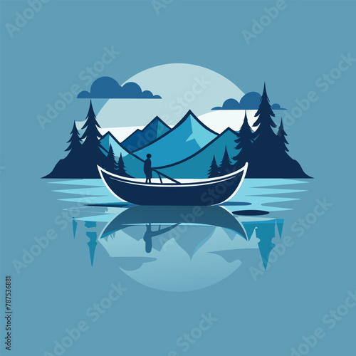 A man standing on top of a boat floating on the water, A lone canoe drifting on a glassy lake, minimalist simple modern vector logo design