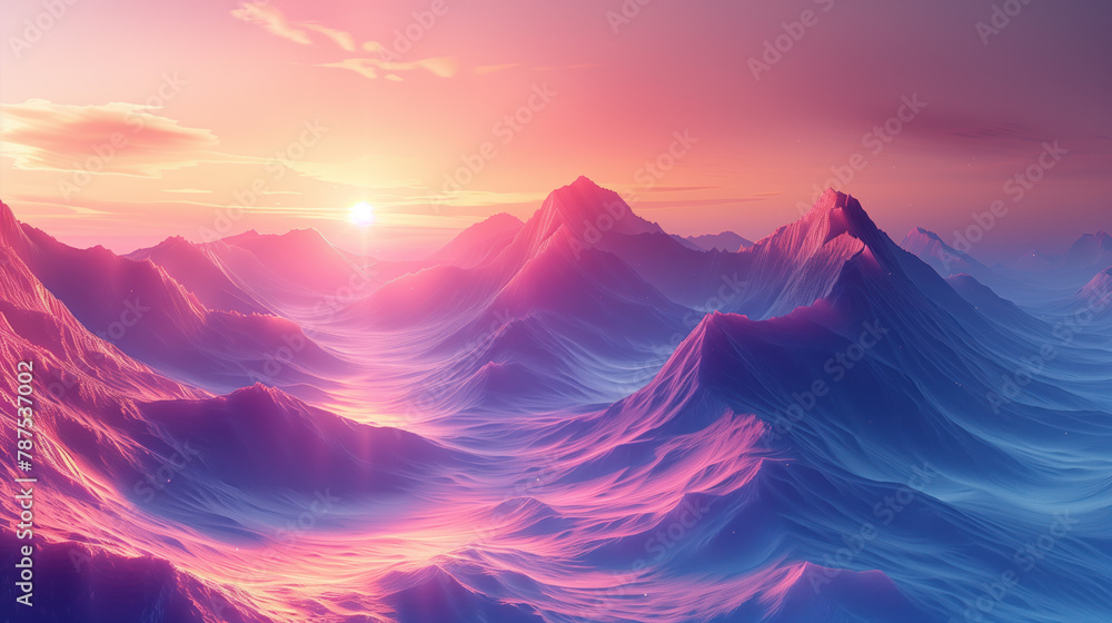 Abstract image of mountain peaks with shimmering purple and pink light.