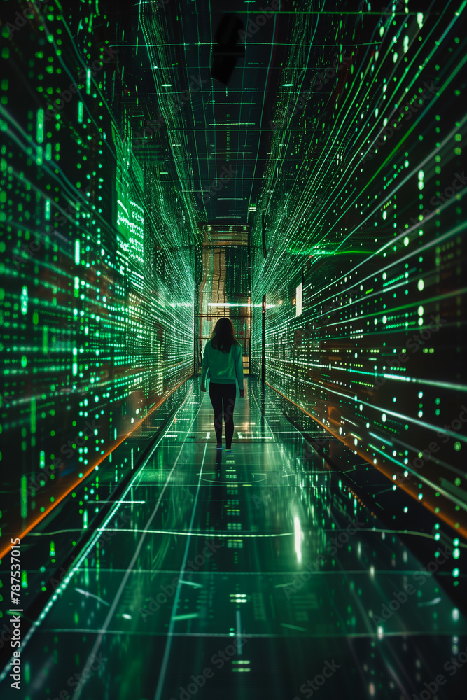 A woman walks through a green tunnel with a lot of green lights A woman walks through a green tunnel with a lot of green lights