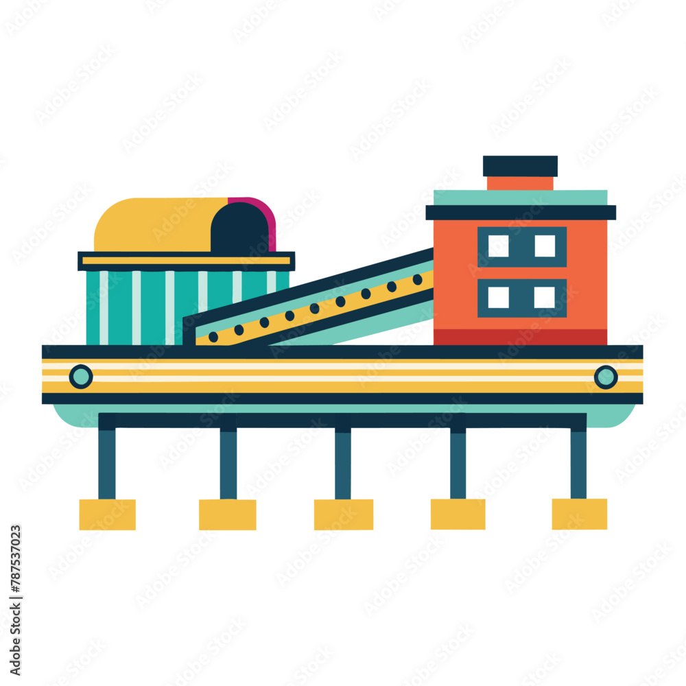 Roller coaster track with a building structure on top of it, A minimalist depiction of a conveyor belt system, minimalist simple modern vector logo design