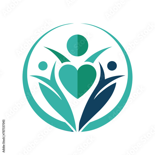 Blue and green logo with abstract people in the center, showcasing unity and diversity, A minimalist design capturing the essence of compassion and care