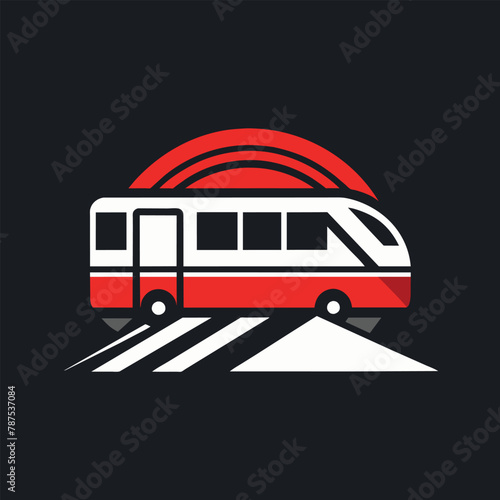 A red and white bus is seen driving down a road, showcasing the movement and colors of urban transportation, A minimalist logo incorporating elements of industrial design