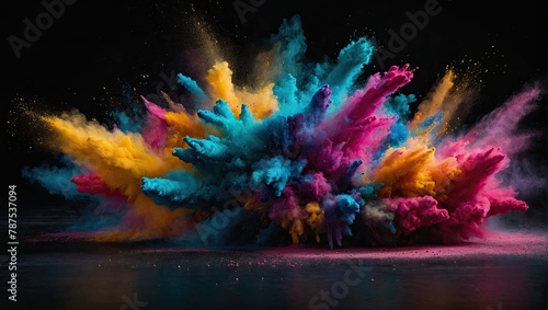 Abstract-colored dust explosion on a black background. Abstract powder splatted background photo